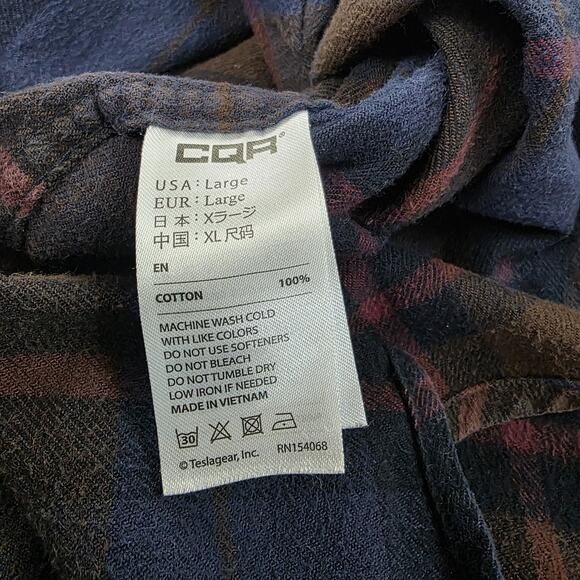 CQR Flannel Shirt Mens Large Blue Brown Plaid Long Sleeve Corduroy Collar Pocket - Picture 16 of 16